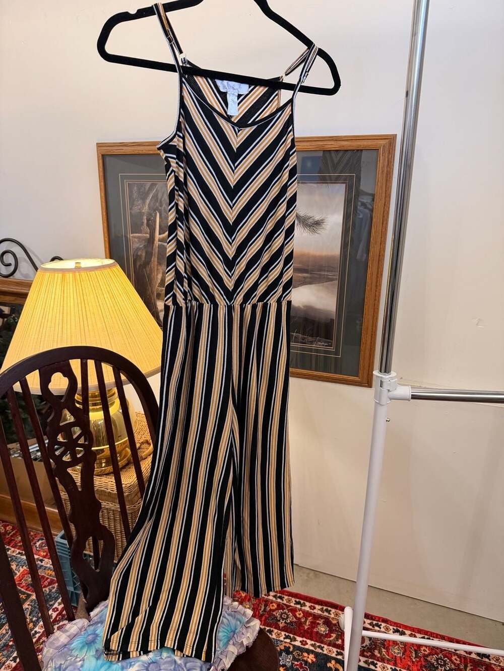 Retro 90’s Boho Pinstripe Spaghetti Strap Jumpsuit Chevron Groovy Chic Size S